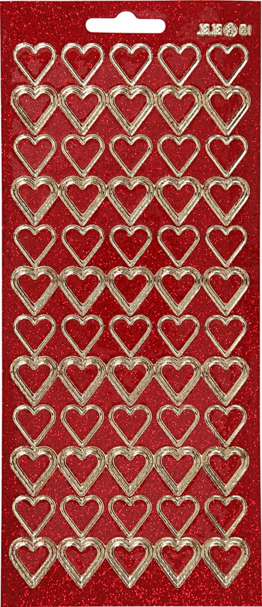 Stickers, harten, vel 10x23 cm, goud, rood glitter, 1 vel