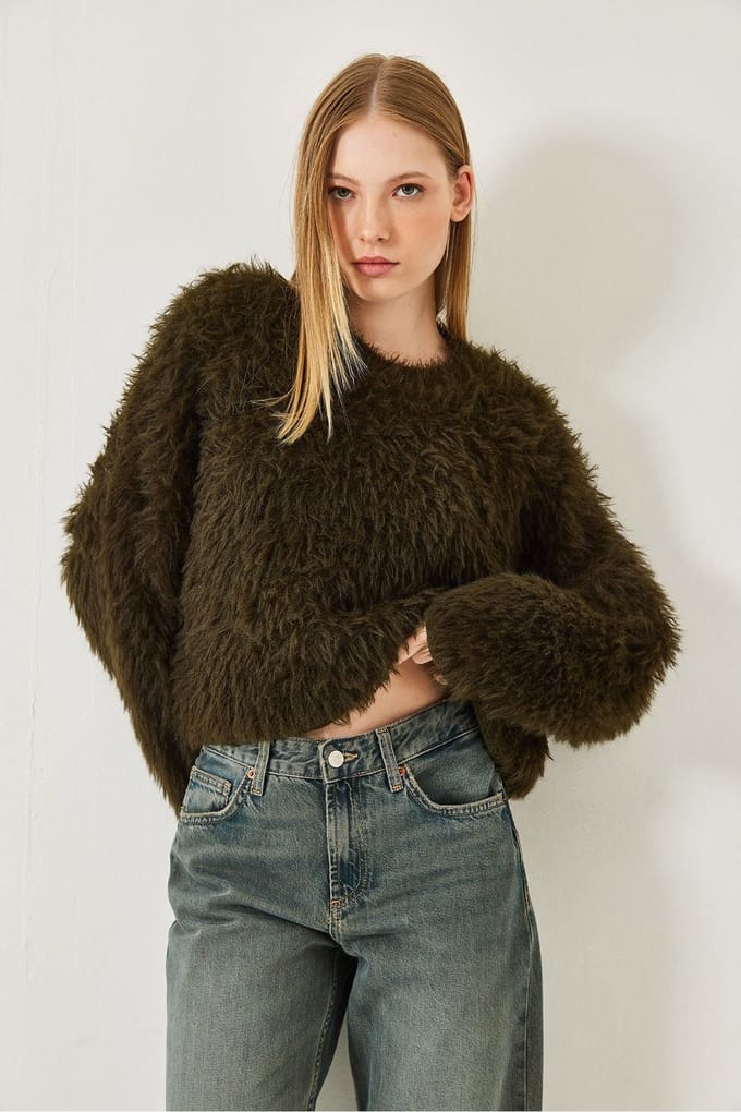 Gestructureerde Crew Neck Crop Sweater met Pluche Detail