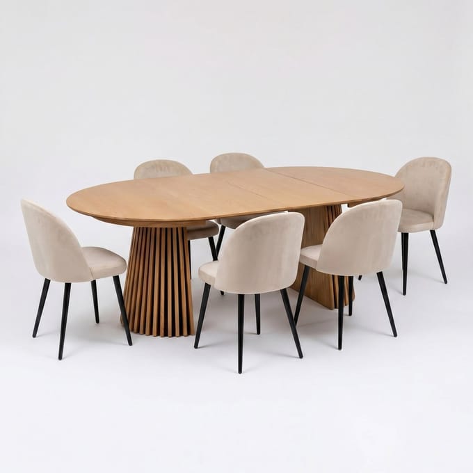 Tokyo eethoek eettafel natuur, 6 stoelen met beige velours bekleding.