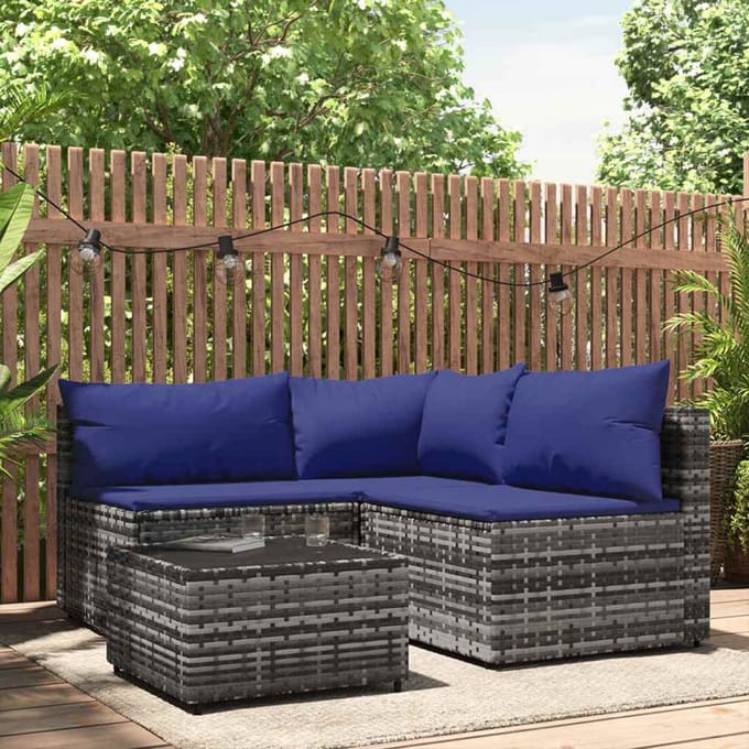 vidaXL - 4-delige - Loungeset - met - kussens - poly - rattan - grijs