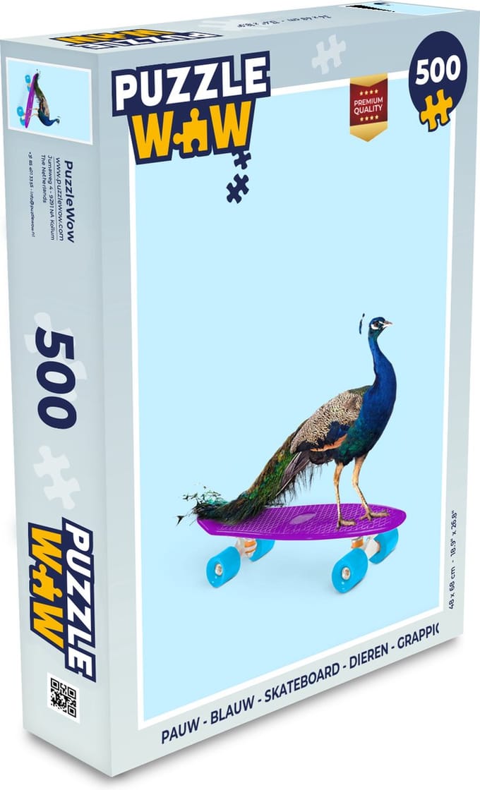 Puzzel Pauw - Blauw - Skateboard - Dieren - Grappig - Legpuzzel - Puzzel 500 stukjes