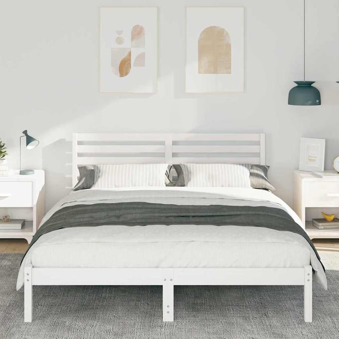 vidaXL - Bedframe - met - hoofdeinde - Wit - 150 - x - 200 - cm - Massief - grenenhout
