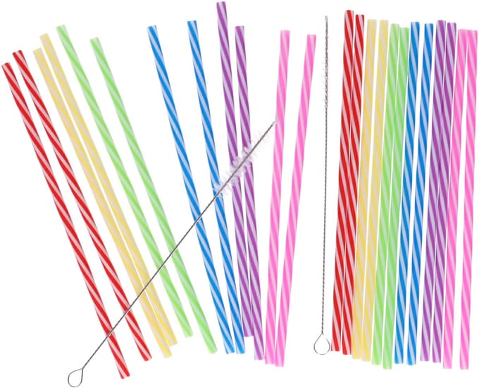 Bellatio Design Drinkrietjes - herbruikbaar - 48x - met borsteltje - kunststof - multicolor - 21 cm