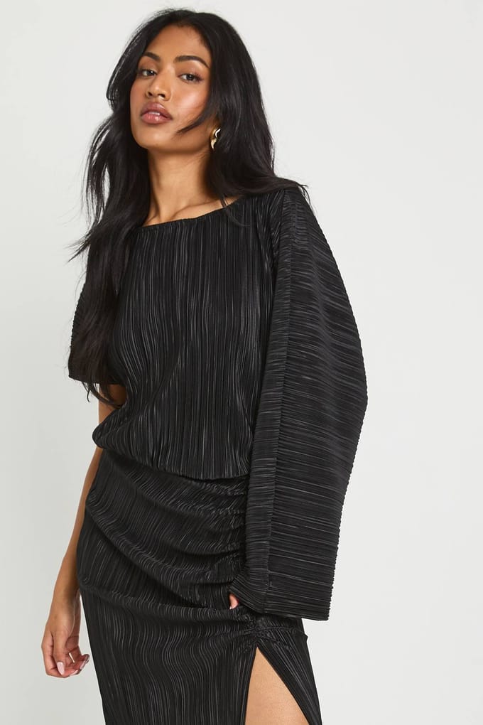 boohoo Dames Plisse Gerufelde Gespleten Maxi Jurk | Black | Maat: 8