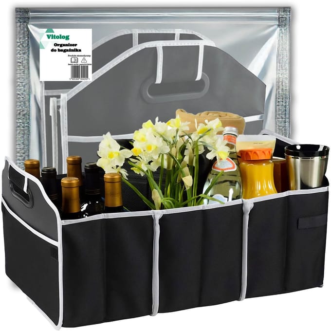 Vitolog - Auto Organizer - 3 Compartimenten - Opvouwbaar - Zwart Met Wit Stiksel