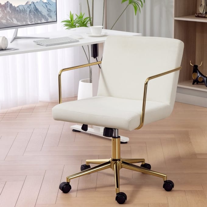MODFU Bureaustoel - Kantelbaar En In Hoogte Verstelbaar - Modern - Voor Kantoor - Polyester - Crèmewit - 57 x 64 x 80-90 cm