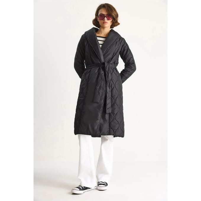 Textured Sjaalkraag Midi Puffer Jack met Striksluiting