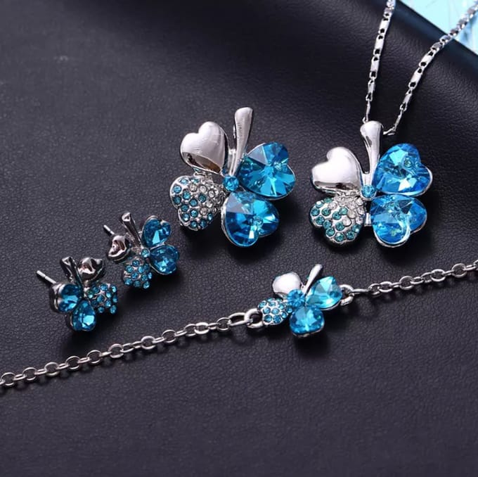 Sieraden set klavertje 4 (Blauw)
