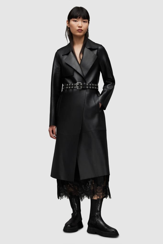 AllSaints Farren Belted Mac Black Größe: 14 | Trench Coats Outlet | Damen | Schwarz