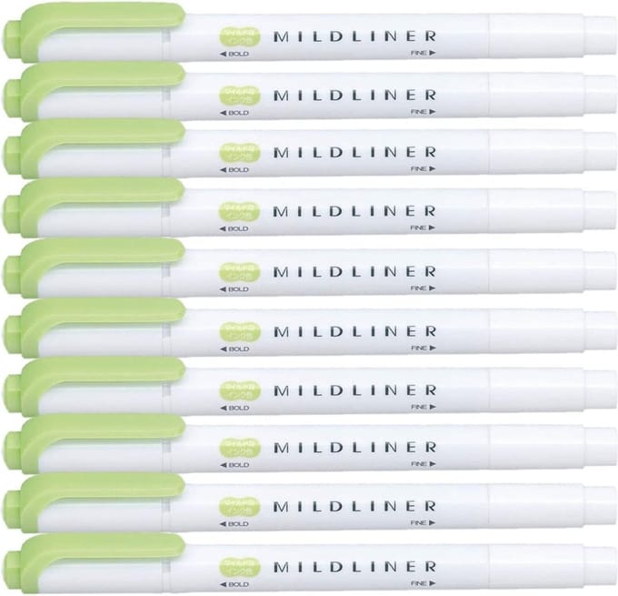 Zebra Mildliner Double-Sided Highlighter - Fine / Bold – Mild Green Set van 10 + een Luxe Zipperbag - WKT7-MG
