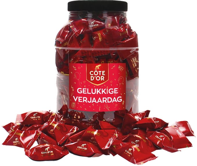 Cote d'Or Mini Bouchée chocolade met opschrift "Happy Birthday!" - chocolade verjaardagscadeau - melkchocolade met praliné - 1000g
