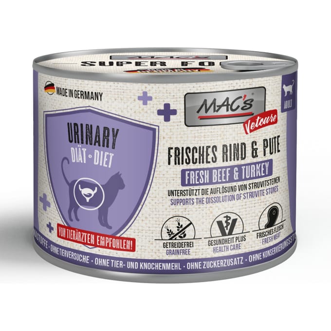 Voordeelverpakking 24x 200g MAC's Cat Vetcare Urinary vers rundvlees & kalkoen natvoer voor katten