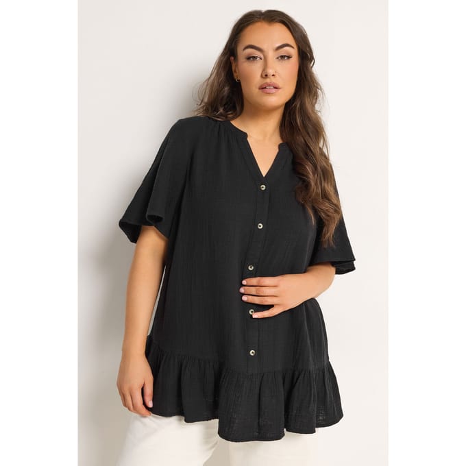 Yours Zwarte Mousseline Top Met Knoopsluiting Size 44