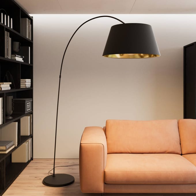 Lindby - booglamp - 1licht - stof, staal - H: 192 cm - E27 - zwart, goud