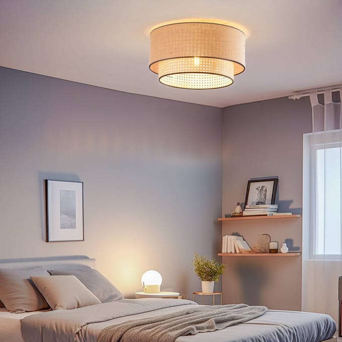 Duolla Boho-plafondlamp, bruin/hout/zwart, Ø 45 cm, textiel/rotan