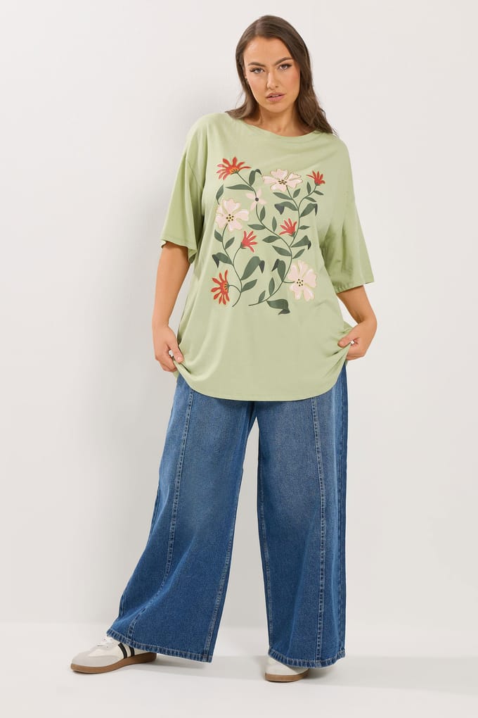 Yours Groen Tshirt Met Bloemenprint Size 50-52