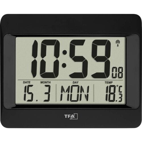 TFA Dostmann 60.4519.01 Wandklok Zendergestuurd 21.5 cm x 2.6 cm x 16 cm Zwart Groot display