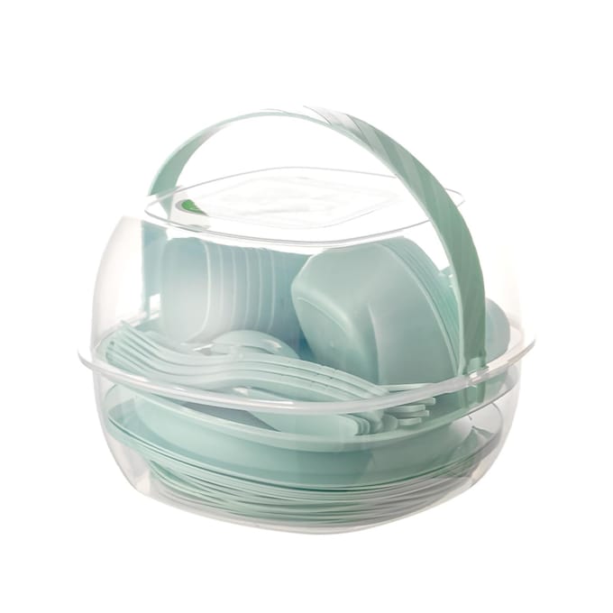 Plastic serviesset voor buiten, draagbaar kampeerbestek, picknickservies met schaarstebox, muntkleur white
