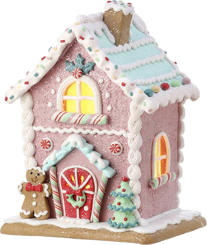 Viv! Christmas Kerstbeeld - Gingerbread Huis incl. LED Verlichting - pastel - roze - 22cm