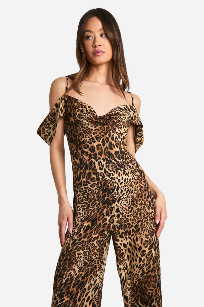 boohoo Dames Tall Leopard Cowl Front Wide Leg Jumpsuit | Natural | Maat: 36