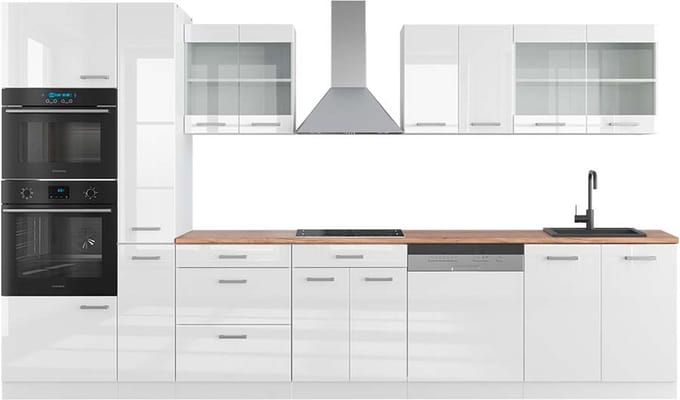 Vicco R-Line Complete keukeneenheid – 350 cm met hoge kast, WB Eik Wit hoogglans/wit