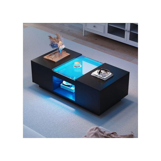 Table basse noire 100x50x35,5 cm - avec couvercle en verre, éclairage LED, 2 tiroirs et 1 compartiment ouvert noir