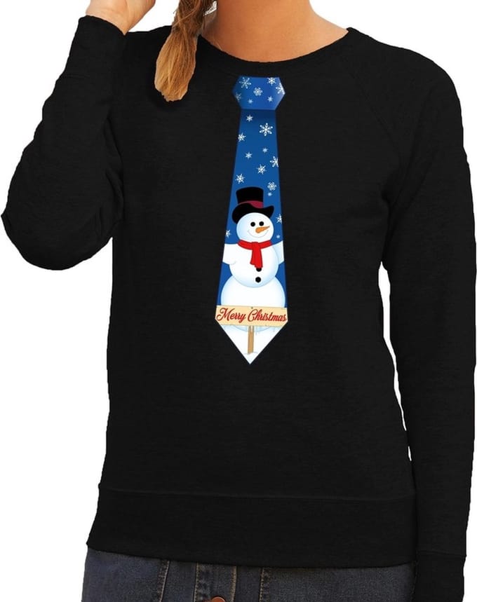 Foute kersttrui / sweater stropdas met sneeuwpop print zwart voor dames S