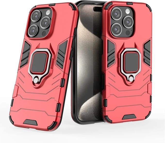 MobyDefend Hoesje - Geschikt voor iPhone 16 Pro Max - Dubbelgelaagde Pantsercase Met Standaard - Rood