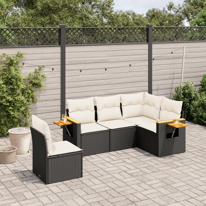vidaXL - 5-delige - Loungeset - met - kussens - poly - rattan - zwart