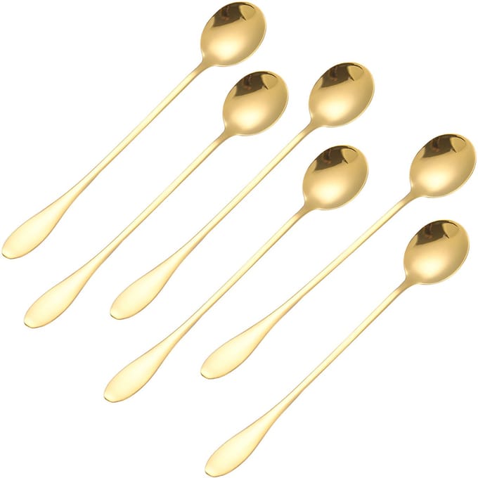 Cheffinger, Set van 6 RVS Sodalepels / Longdrinklepels / IJsthee lepels, Goud