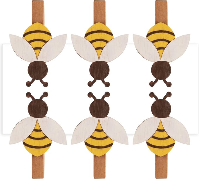 Dekoratief | Set 6 speldjes m/bij, hout, 13x13cm | A240557
