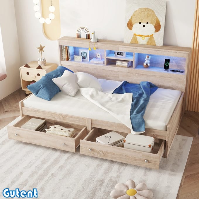 Gutent Daybed-90*200 cm-met 2 Laden-Geen matras-Chipboard-Naturel kleur-met licht