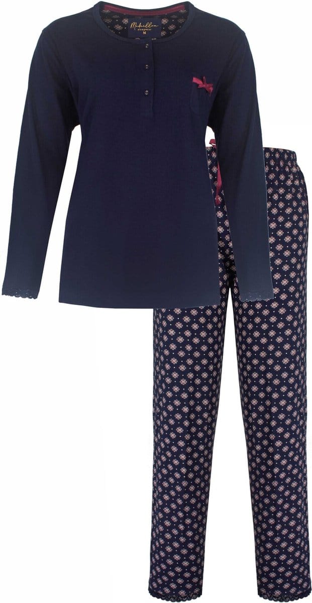 Medaillon Dames Pyjama - Polo Sluiting - Navy Blauw - Maat L