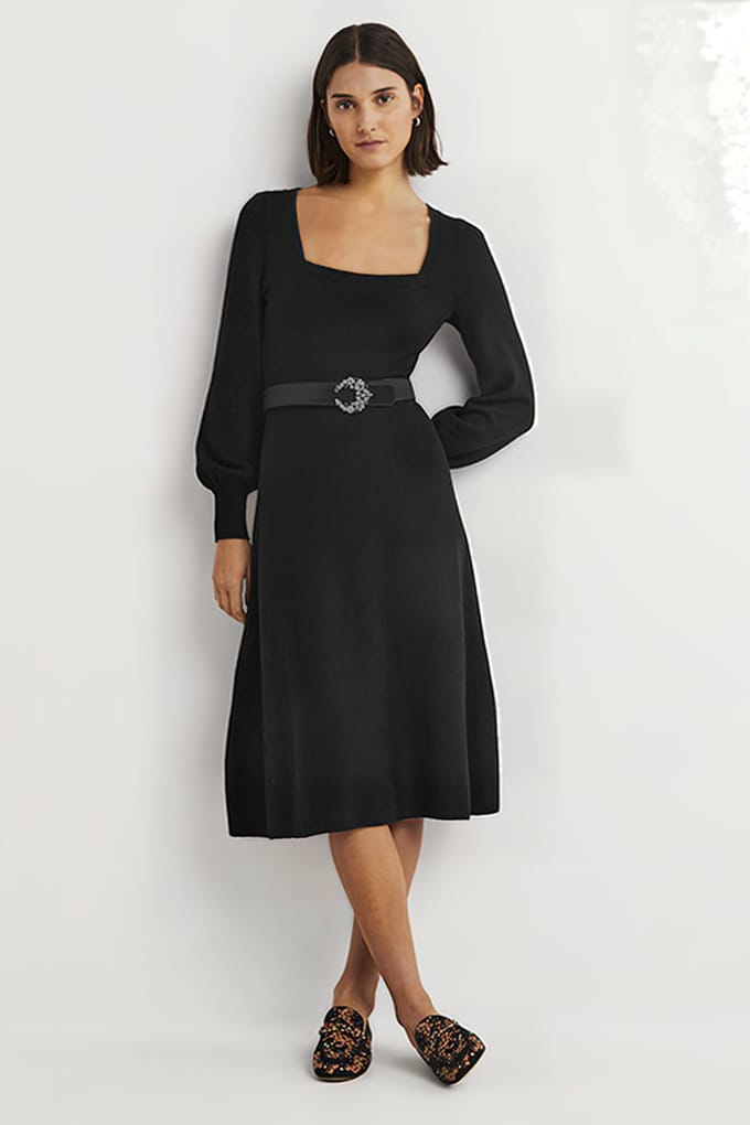 Boden Square Neck Knitted Dress Blk Maat: 6P | Midi Jurken Outlet | Dames | Zwart