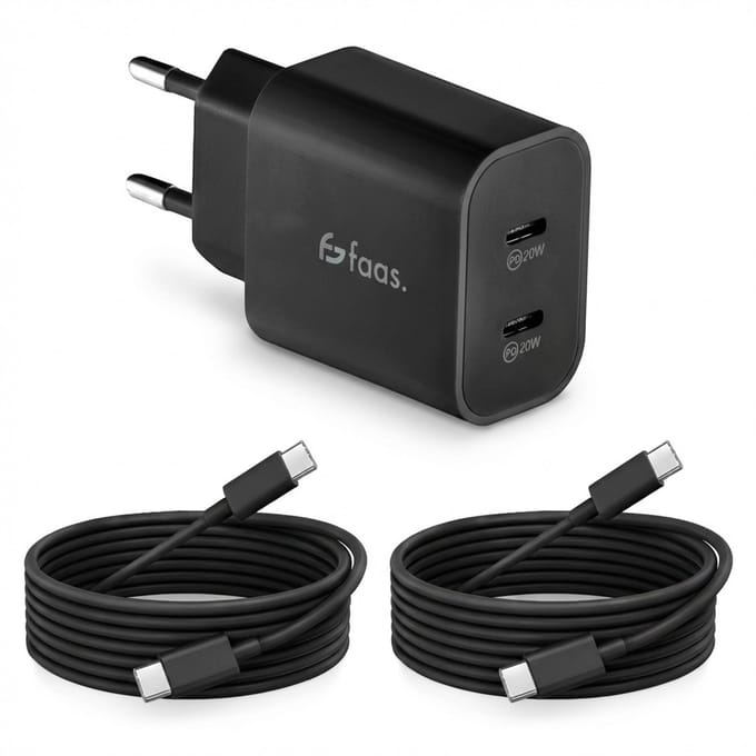 Faas USB C Oplader - Snellader - 40W - 2x 20W Poort - 2 kabels - 1.5 meter - USB C Kabel - USB C naar USB C - Zwart