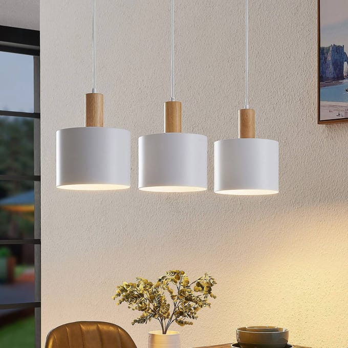 Lindby - hanglamp - 3lichts - Staal, hout - H: 15 cm - E27 - wit, hout