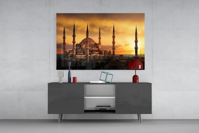 Glasschilderij – Sultan Ahmet Moskee – Zonsondergang – 72x46 cm