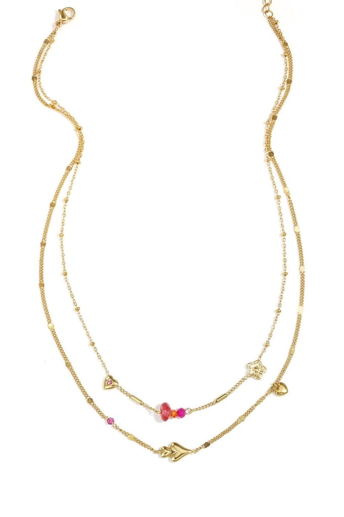 Dubbele ketting met hartjes, kralen en bloemetjes - Goud - Gekleurd - Yehwang