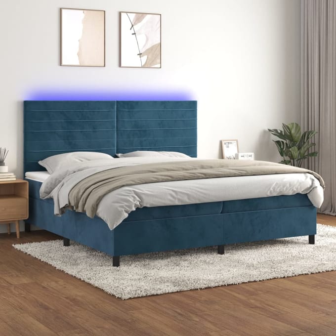 vidaXL - Boxspring - met - matras - en - LED - fluweel - donkerblauw - 200x200 - cm