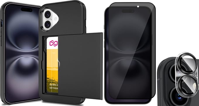 Hoesje met Pasjeshouder geschikt voor iPhone 16 Plus - Privacy Screenprotector FullGuard & Camera Lens Screen Protector - Back Cover SlideCase Zwart