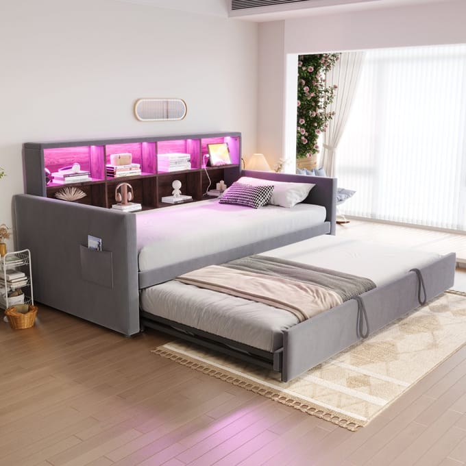 MODFU Bedframe 90x190 cm van fluweel – donkergrijs – met opberghoofdbord en uitschuifbed – dagbed met superkrachten