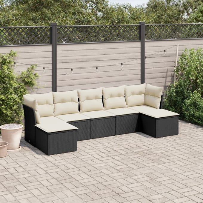 vidaXL - 7-delige - Loungeset - met - kussens - poly - rattan - zwart