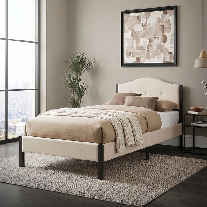 Gestoffeerd Bed - Eenpersoonsbed - Slaapcomfort - Stabiel Stalen Frame - 90 x 200 cm - Beige