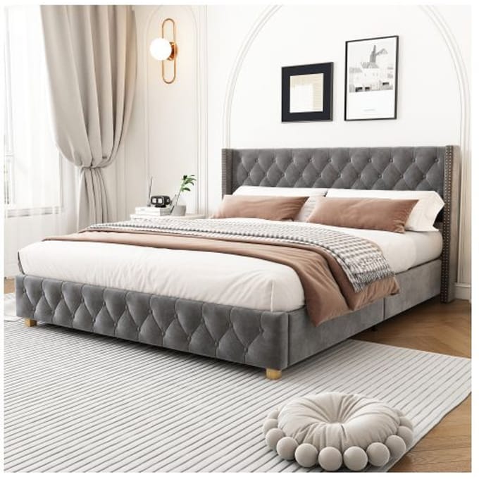 Lit capitonné - MUVOE - 160x200 cm - Tête de lit avec boutons - Velours gris - 2 places gris