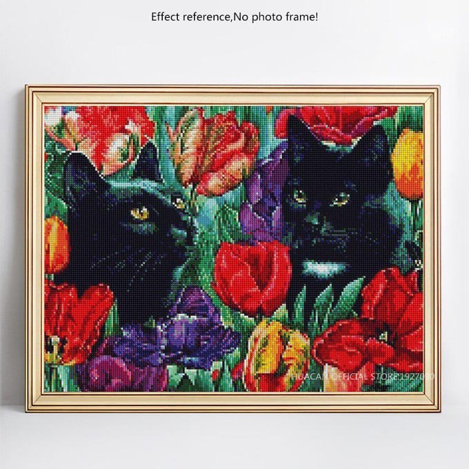 Peinture Diamant Point de Croix Chat et Fleur Mosaïque Broderie Diamant 20X30CM black