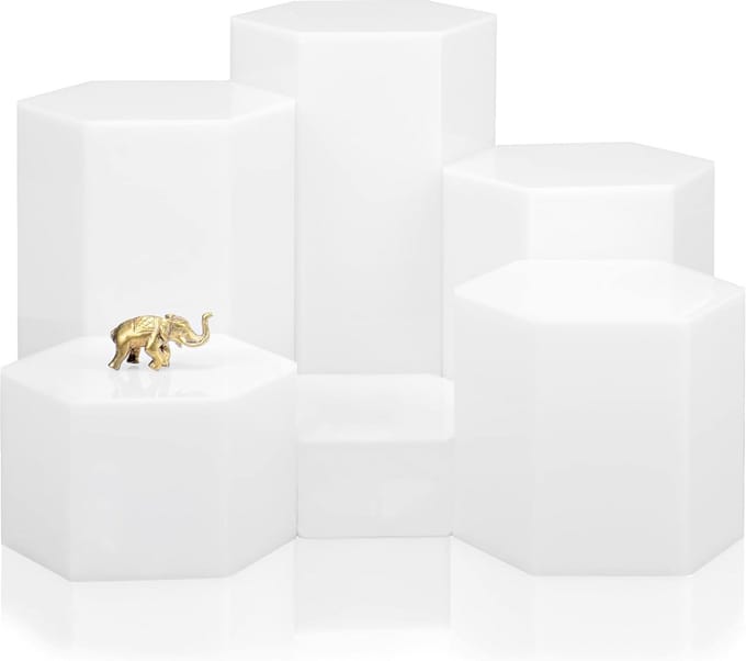Acryl Sieraden Display - Zeshoekige Risers - Winkel Presentatie - Set van Zes - Verschillende Hoogtes - Glanzend Wit