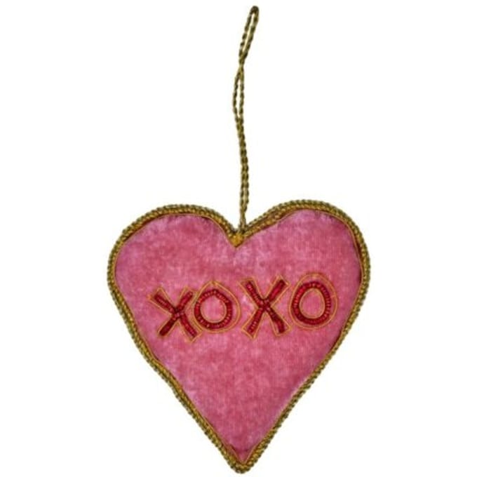 Rice kerst stoffen ornament met kralen heart, rood