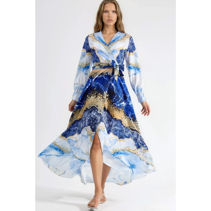 Abstracte Print Lange Mouw Maxi Jurk met Strikdetail
