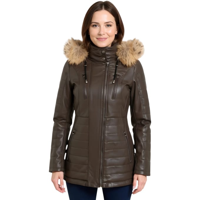 Dames Bruine Gewatteerde Leren Parka Jas - Bowen