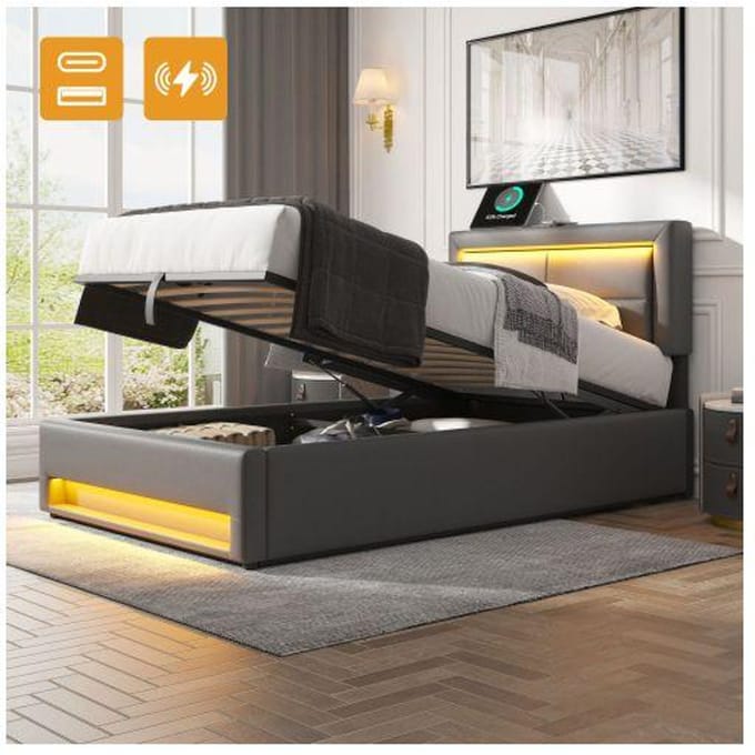 Gestoffeerd bed - MUVOE - 90 x 200 cm - USB - LED-verlichting - Opbergruimte grijs
